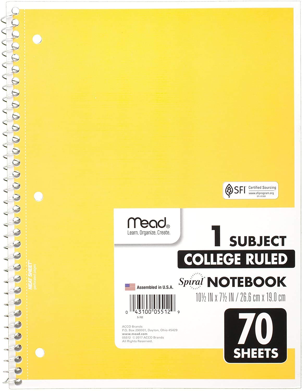 Mead Spiral Notebook, 1 Subject, College Ruled Paper, 70 Sheets, 10-1/2" x 7-1/2", Assorted Colors (05512)