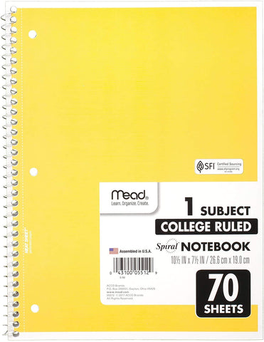 Mead Spiral Notebook, 1 Subject, College Ruled Paper, 70 Sheets, 10-1/2" x 7-1/2", Assorted Colors (05512)