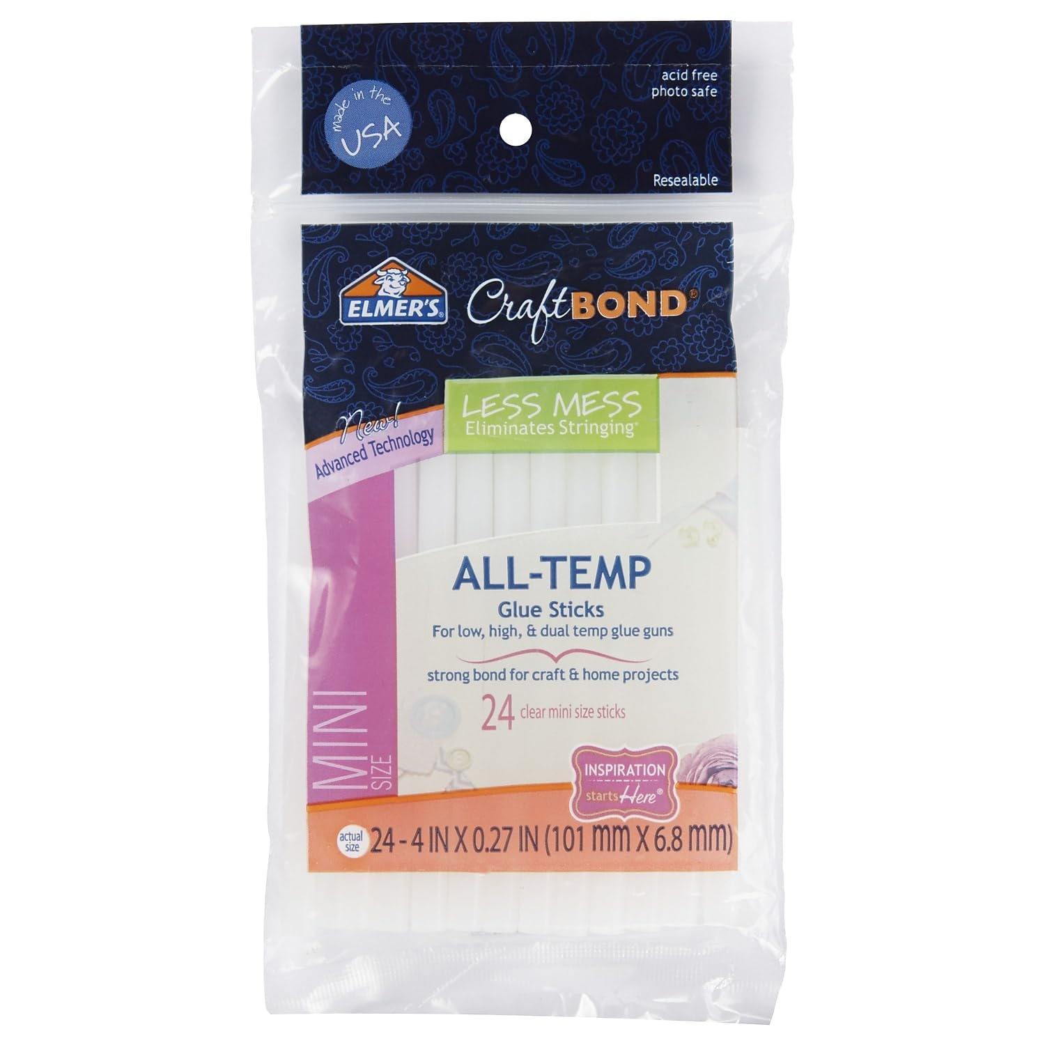 Elmer’s CraftBond Less Mess All-Temp Mini Glue Sticks, 4” x 0.27”, 1 Pack of 24 Sticks