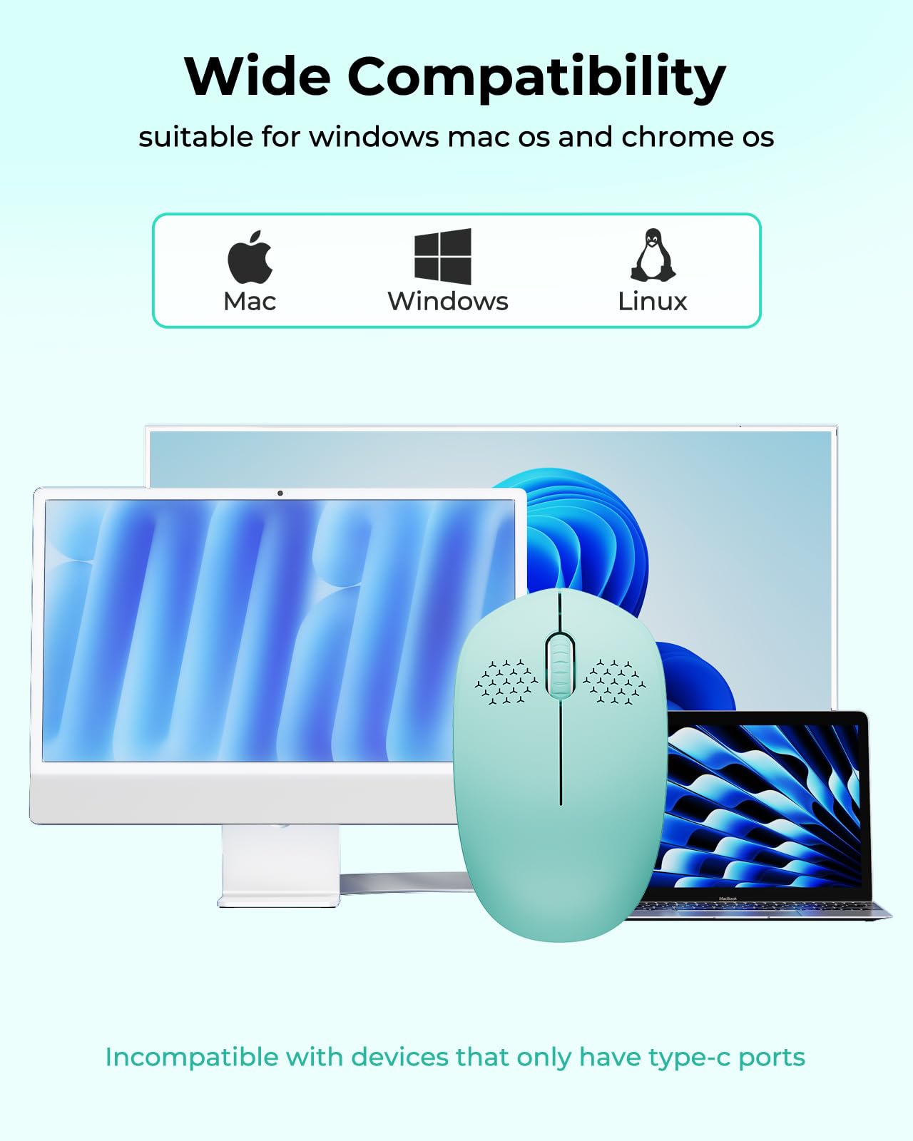 seenda Wireless Mouse for Laptop, 2.4G Noiseless Mouse with USB Receiver - Optical Tracking Portable Computer Mice for Chromebook, PC, Tablet, Windows System, 24 Months Battery Life - Mint Green