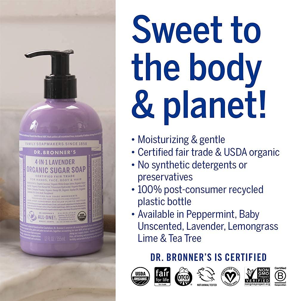 Dr. Bronner's - Organic Sugar Soap (Lavender, 12 Ounce) - Made with Organic Oils, Sugar and Shikakai Powder, 4-in-1 Uses: Hands, Body, Face and Hair, Cleanses, Moisturizes and Nourishes, Vegan
