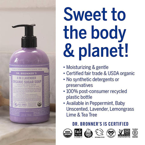 Dr. Bronner's - Organic Sugar Soap (Lavender, 12 Ounce) - Made with Organic Oils, Sugar and Shikakai Powder, 4-in-1 Uses: Hands, Body, Face and Hair, Cleanses, Moisturizes and Nourishes, Vegan