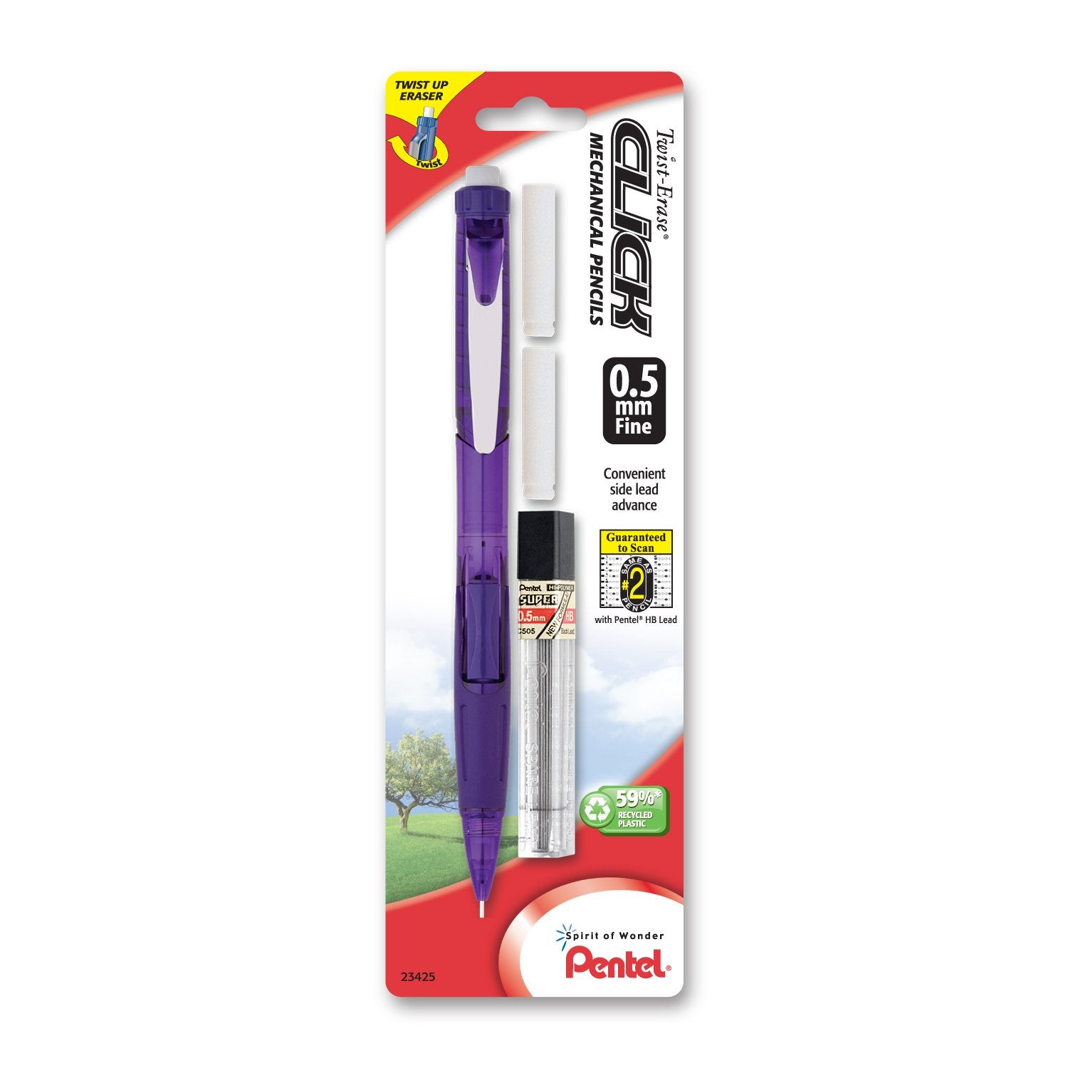 Pentel Twist Erase CLICK Automatic Pencil with 2 Eraser Refills and Lead, 0.5mm, Assorted Barrels, Color May Vary, 1 Pack (PD275TLEBP), Assorted Colors
