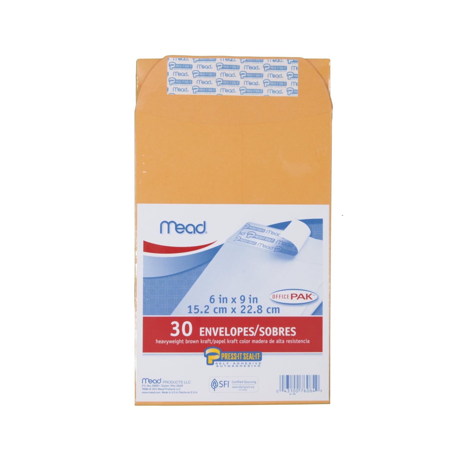 Mead Envelopes, Letter Size, 6" x 9", Press-It Seal-It Self Adhesive Closure, Brown Kraft All-Purpose 24-lb Paper Mailing Envelopes, 30 Count (76084)