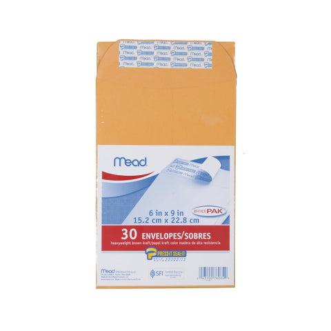 Mead Envelopes, Letter Size, 6" x 9", Press-It Seal-It Self Adhesive Closure, Brown Kraft All-Purpose 24-lb Paper Mailing Envelopes, 30 Count (76084)