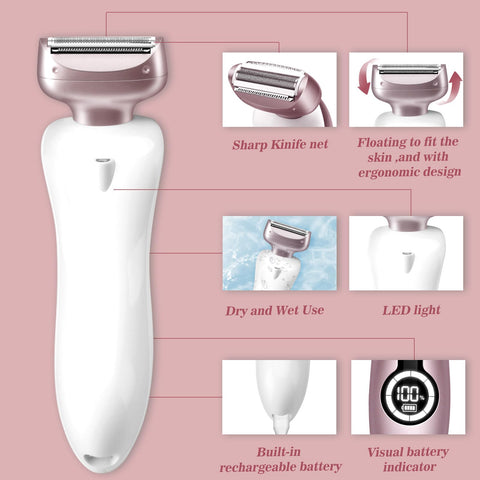 Electric Shaver for Women for Legs Bikini Trimmer Electric Razors for Women Underarm Public Hairs Rechargeable Womens Shaver Wet Dry Use Painless Cordless with Detachable Head (Pink)