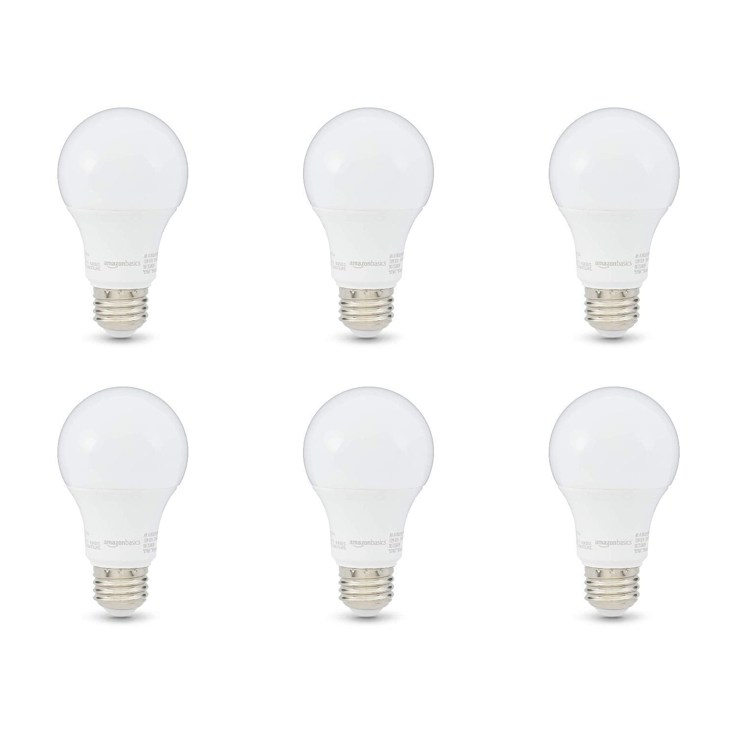 Amazon Basics 60W Equivalent, Daylight White, Non-Dimmable, Energy Efficient, 10,000 Hour Lifetime, A19 LED Light Bulbs, 6-Pack
