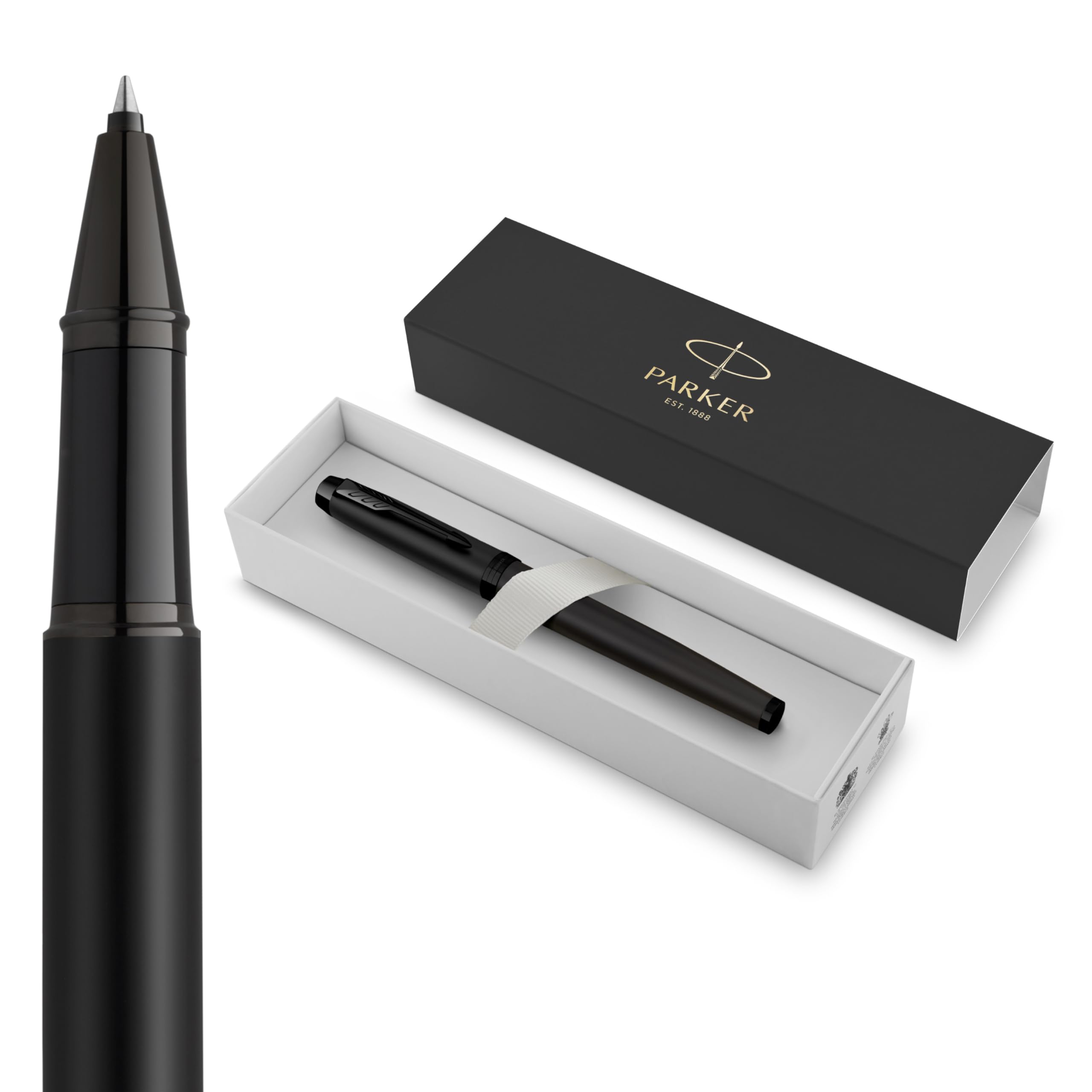 Parker IM Rollerball Pen, Fine Point, Matte Black with Black Trim, Black Ink Refill, Gift Box – Modern Design, Smooth Writing
