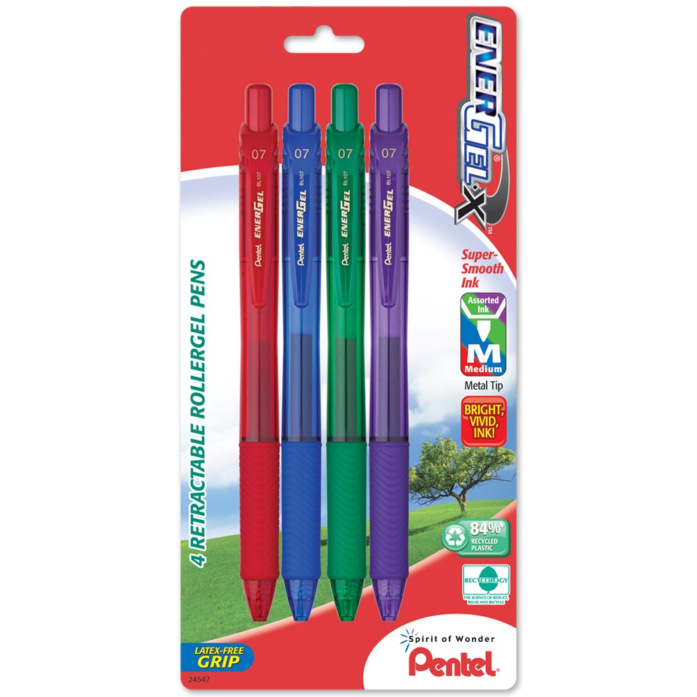 Pentel EnerGel-X Retractable Liquid Gel Pen, 0.7mm, Medium Line, Metal Tip, 4 Pack (BL107BP4M1), Assorted