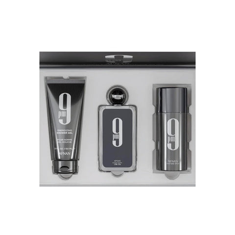 Afnan 9 PM Luxury Perfume Gift Set – Eau De Parfum (3.4 Oz), Deodorant (5.0 Oz), Shower Gel (5.0 Oz)