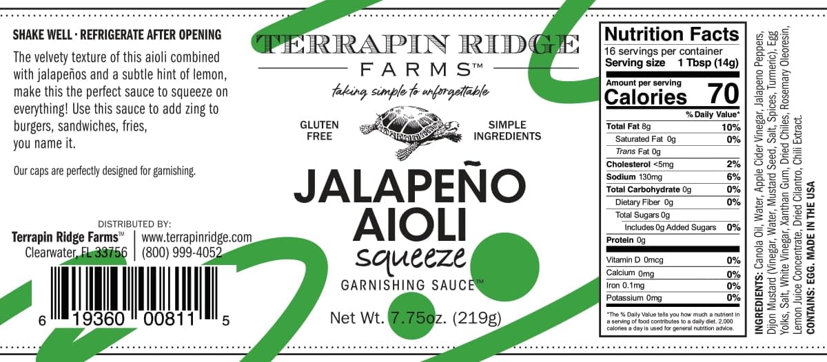 Terrapin Ridge Farms Jalapeno Aioli – Zesty Garnishing Sauce for Burgers, Sandwiches & Fries, Gluten Free, Keto Friendly –7.75 Ounce
