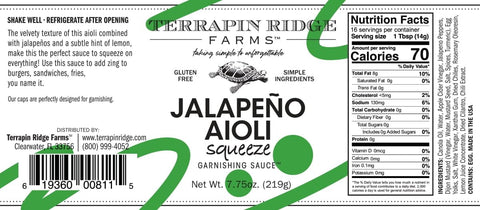 Terrapin Ridge Farms Jalapeno Aioli – Zesty Garnishing Sauce for Burgers, Sandwiches & Fries, Gluten Free, Keto Friendly –7.75 Ounce