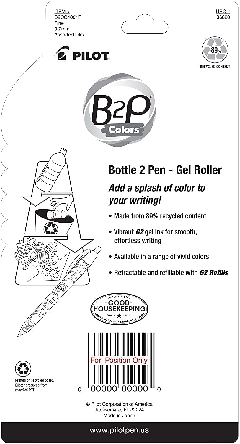 PILOT B2P Colors (New 2020! in retail packaging) - Bottle to Pen Refillable & Retractable Rolling Ball Gel Pen Made From Recycled Bottles, Fine Point, Color G2 Inks, 4-Pack