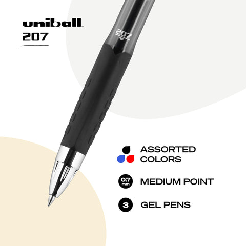 uniball 207 Retractable Gel Pens, Medium Point (0.7mm), Assorted, 3 Pack