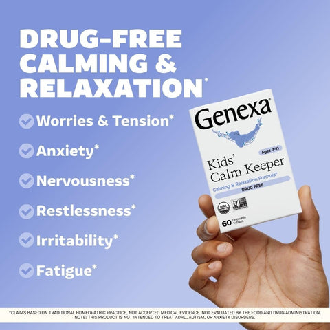 Genexa Kid’s Calm Keeper | Stress Relief for Children | Eases Worries & Tensions| Natural Vanilla & Lavender Flavor | Certified Vegan, Gluten Free, & Non-GMO | 60 Chewable Tablets for Ages 3-11​