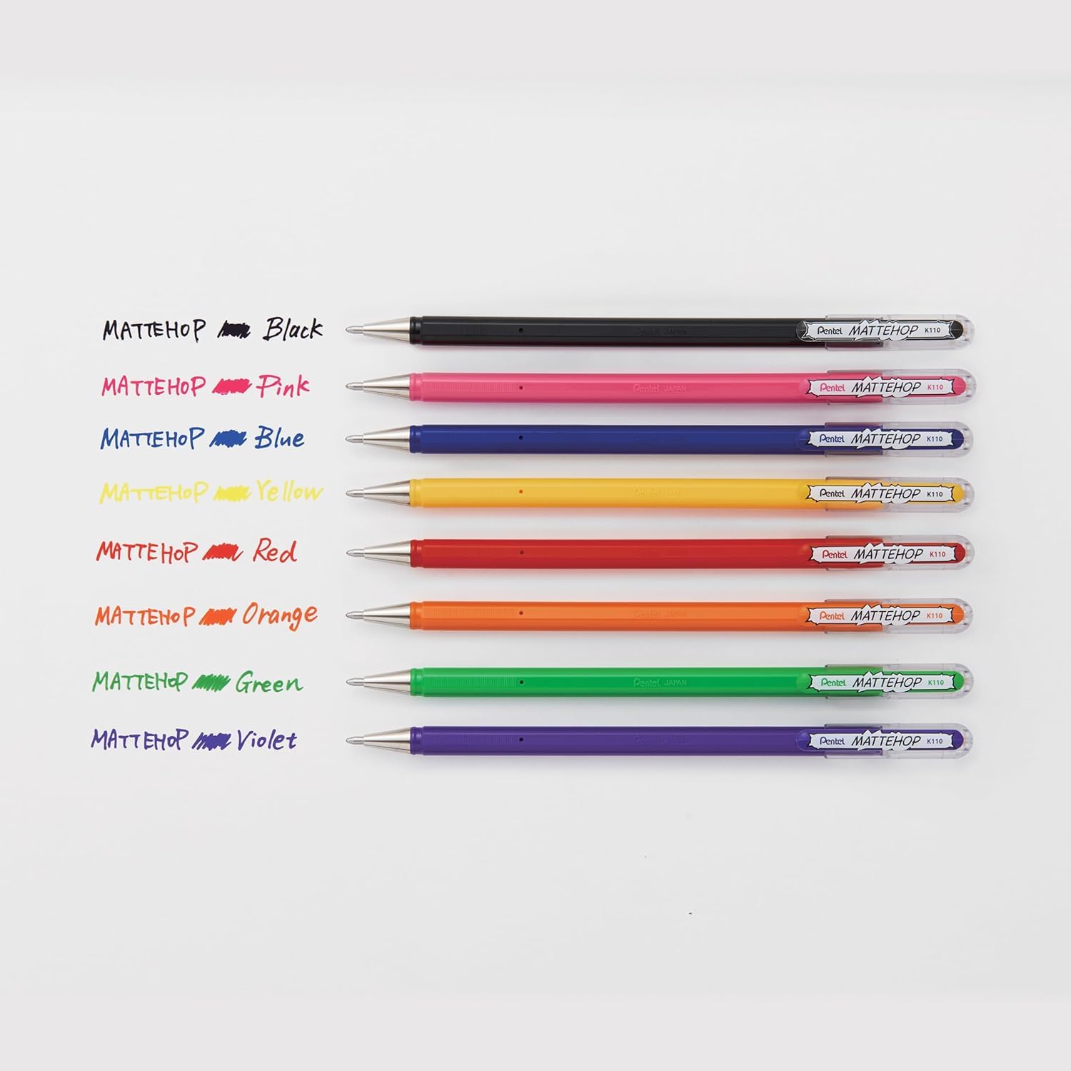 Pentel Arts Hybrid MATTEHOP Gel Roller, 1.0mm, Matte Orange, Matte Yellow, Matte Pink, Matte Violet, Pack of 4 Pens (K110VBP4M1)