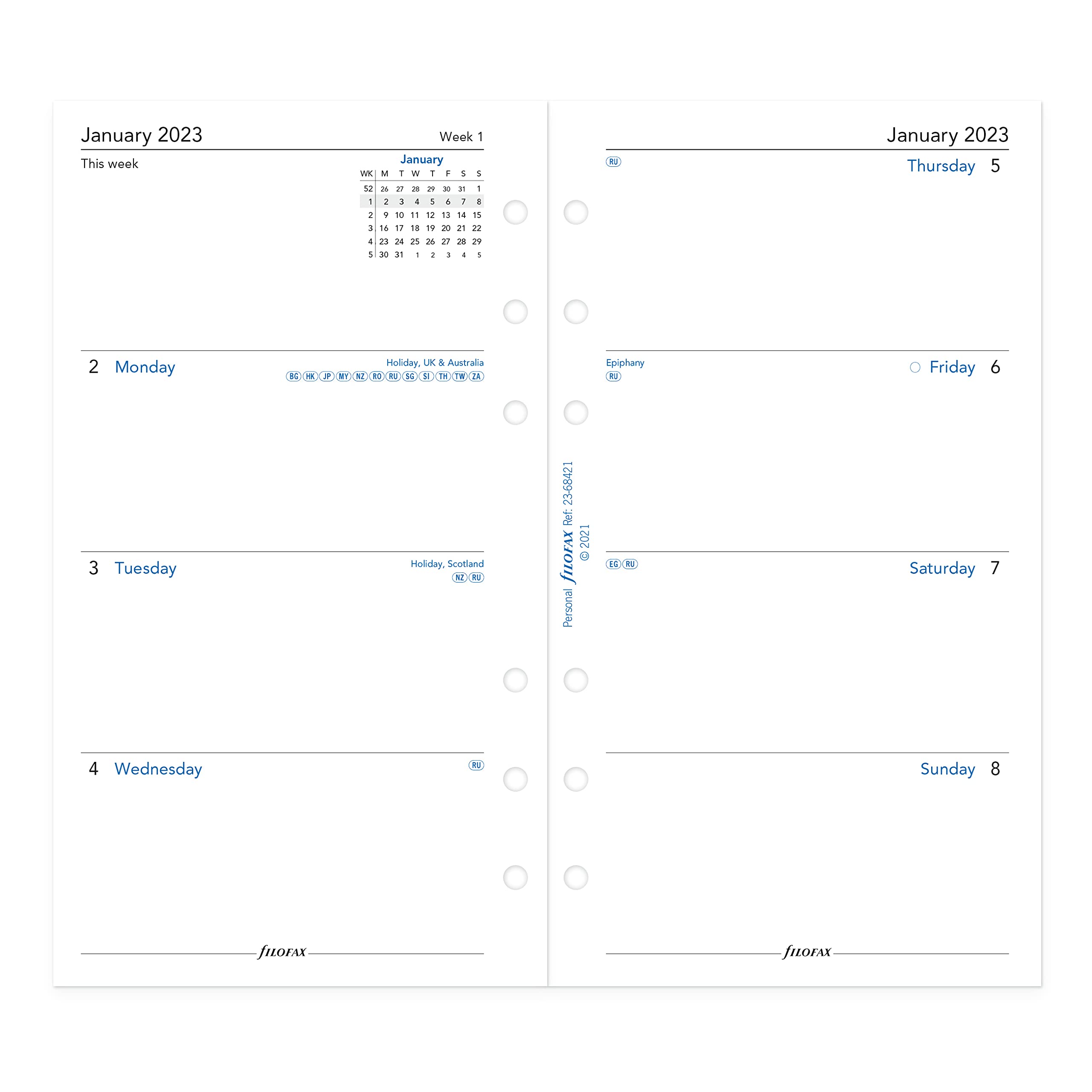 Filofax 68421 For Year 2023 Personal Week On Two Pages Diary Monday Start, White (68421-2018)