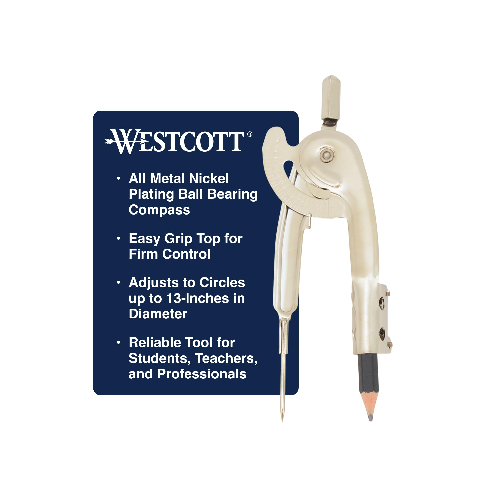 Westcott Nickel-Plated Ball Bearing Compass with Pencil, Professional Style, Back-to-School Supplies, Draws Circles up to 13 Inches in Diameter