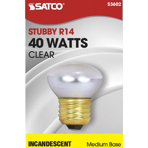 Satco 40R14 Incandescent Reflector, 40W E26 R14 Stubby, Clear Bulb