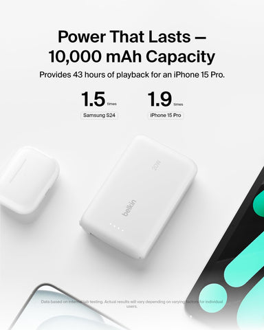 Belkin Portable Charger Power Bank USB C, 10000 mAh w/Integrated Cable, 20W Fast Charge USB-C Power Delivery, iPhone Charger, Apple iPhone 17, Air, Pro, Pro Max, iPad, Samsung Galaxy S25 - White