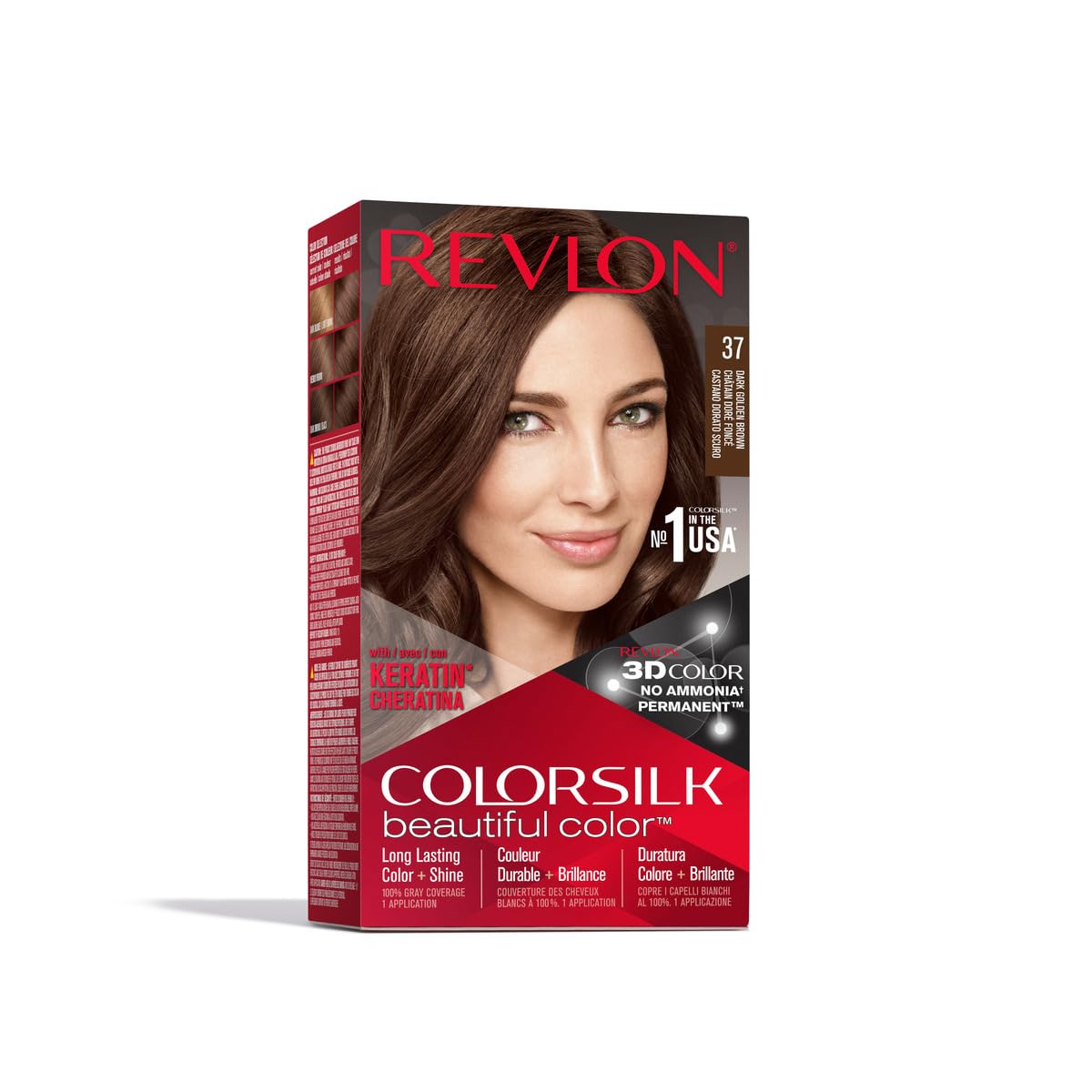 Revlon Colorsilk Beautiful Color Permanent Hair Color with 3D Gel Technology & Keratin, 100% Gray Coverage Hair Dye, 37 Dark Golden Brown