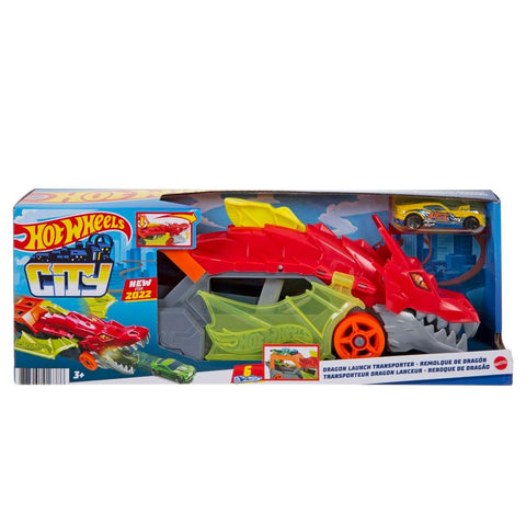 Hot Wheels City Toy Car Track Set, Dragon Launch Transporter & 1:64 Scale Car, Launch Vehicles from Creature's Mouth, Stores up to 5 Vehicles