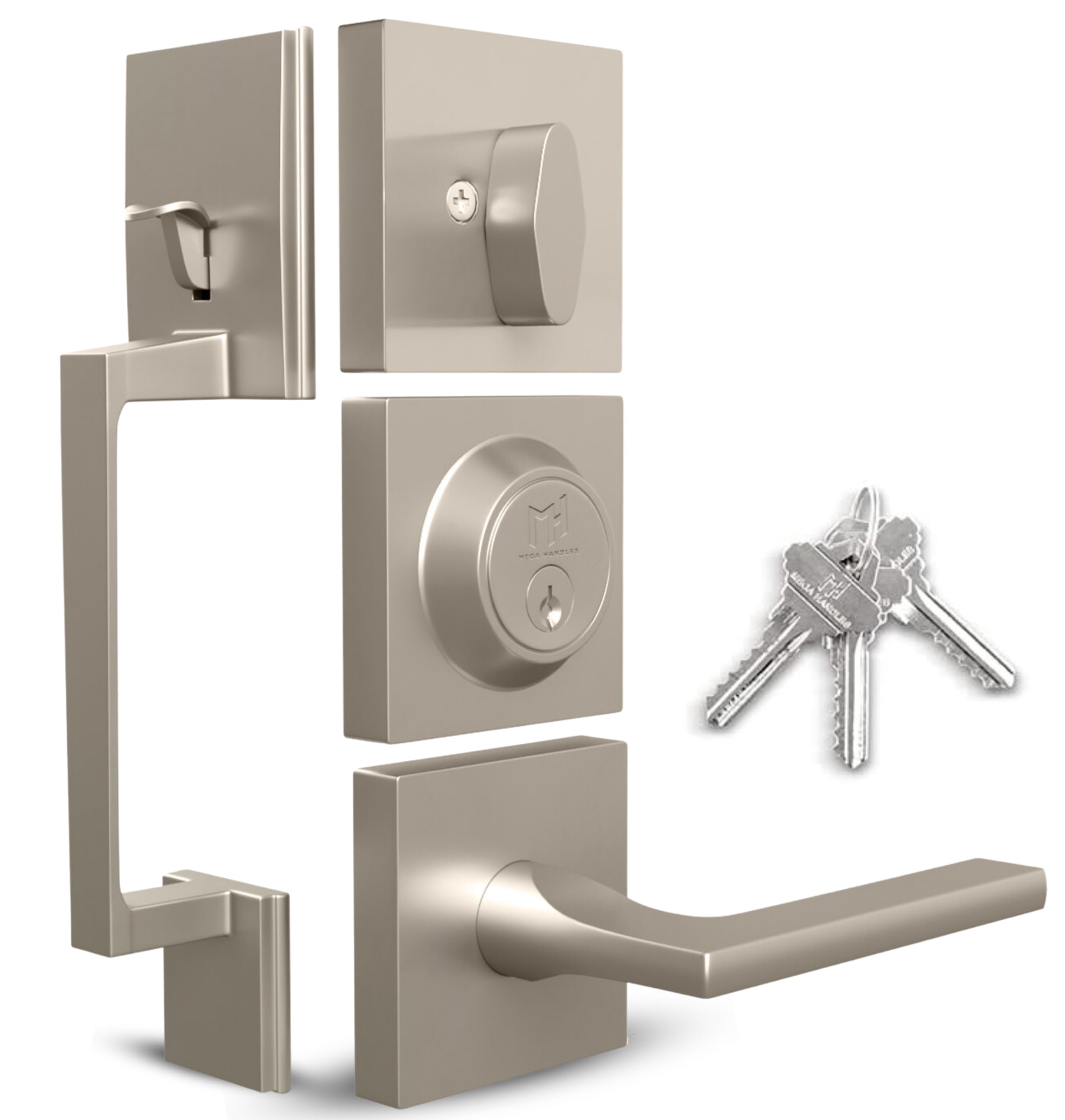 Mega Handles - TOBELLE Silver Entry Door Handleset - Single Cylinder Handleset with Lever for Entrance and Front Doors - Modern Door Handles for Left and Right-Handed Doors - Straight Handle