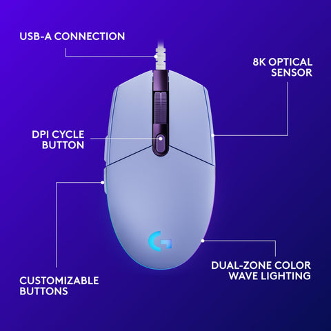 Logitech G203 Wired Gaming Mouse, 8,000 DPI, Rainbow Optical Effect LIGHTSYNC RGB, 6 Programmable Buttons, On-Board Memory, Screen Mapping, PC/Mac Computer and Laptop Compatible - Lilac