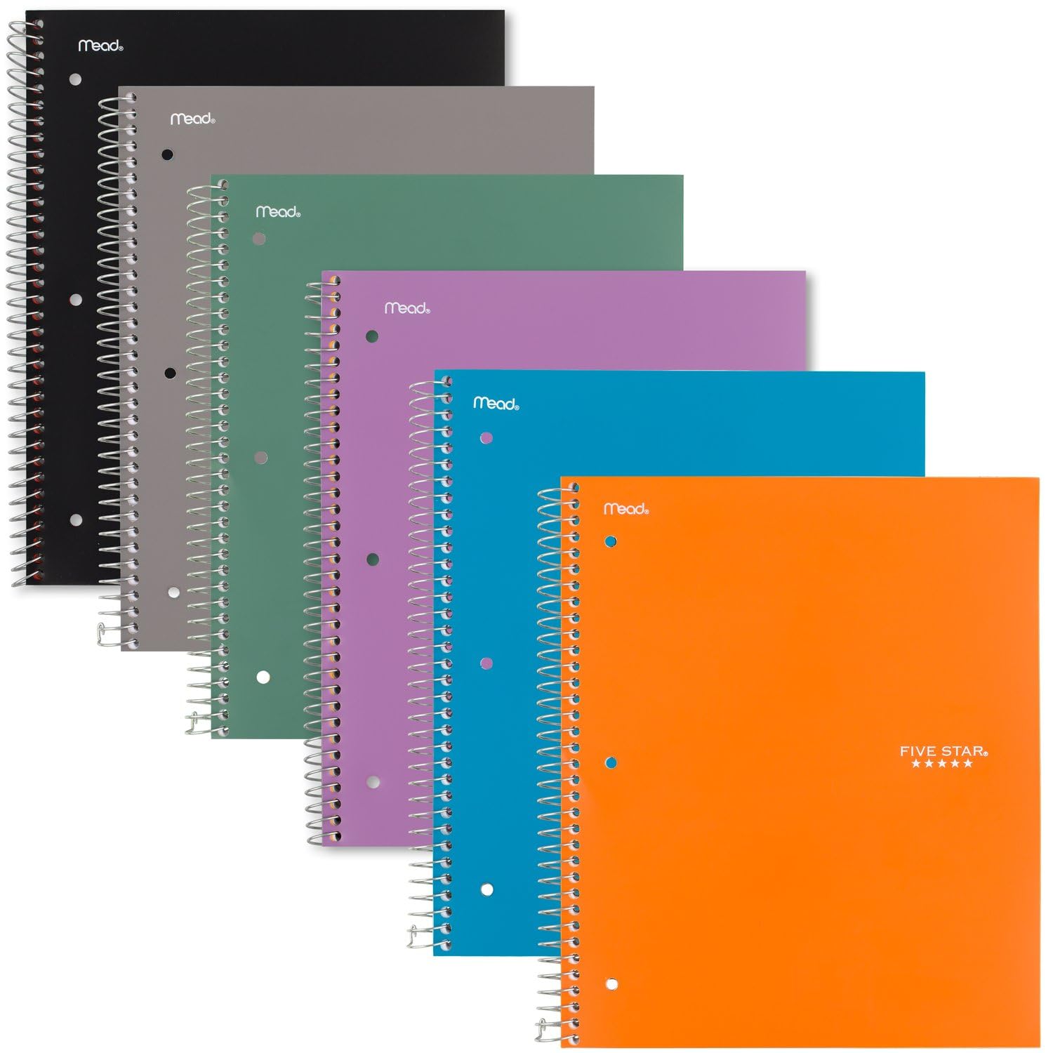 Five Star Spiral Notebook + Study App, 2 Subject, College Ruled, 8-1/2" x 11", 120 Sheets, Fights Ink Bleed, Purple, Orange, Green, Blue, Gray, Black, Color Will Vary, 1 Count (824230)
