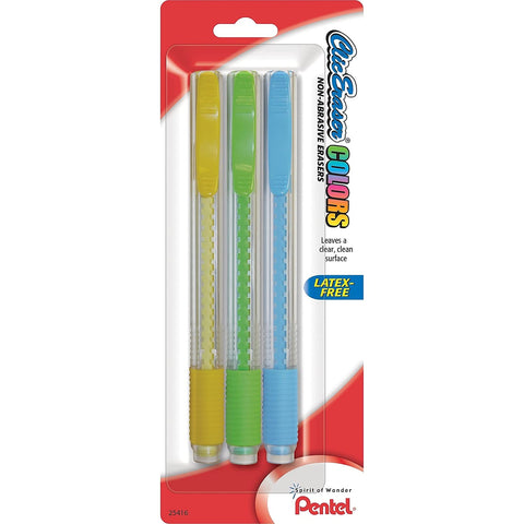Pentel ZE21TBP3M Clic Eraser Pencil-Style Grip Eraser Assorted 3/Pack, Polyvinyl Chloride (PVC)