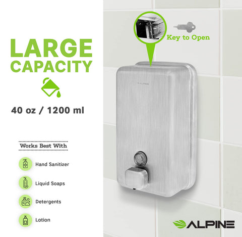 Alpine Industries Manual Stainless Steel Liquid Soap Dispenser, Vertical – 40oz Capacity - Rust Proof Wall Mounted Commercial Handsoap Holder for Office Home & Hotel