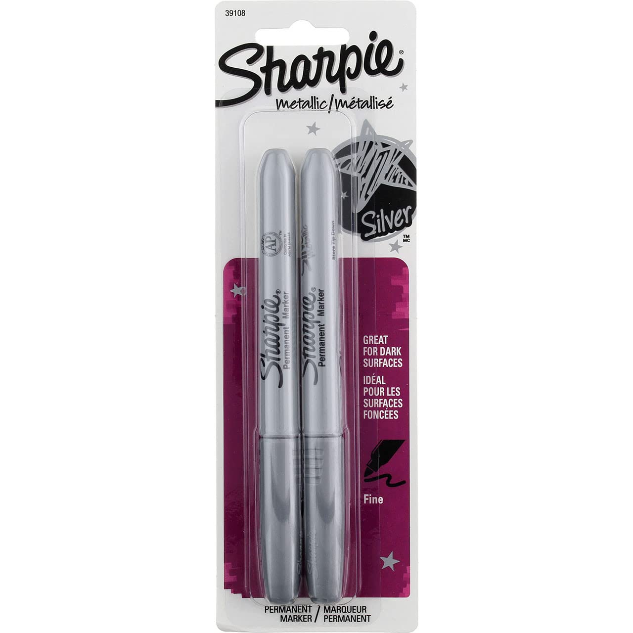 SHARPIE Metallic Permanent Markers, Fine Point, Silver, 2 Count