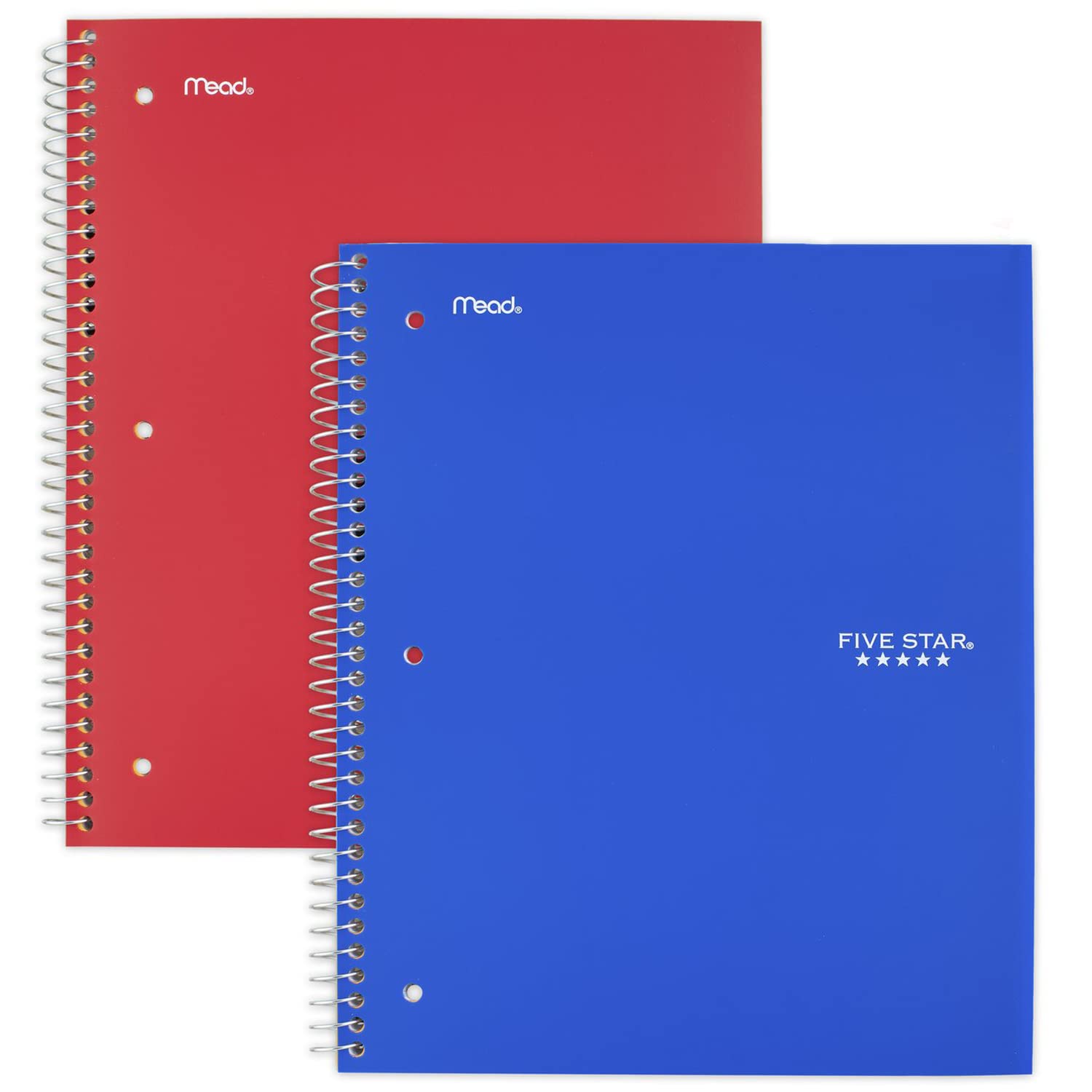 Five Star Spiral Notebooks, 2 Pack, 5-Subject, Wide Ruled Paper, 10-1/2" x 8", 200 Sheets, Cobalt Blue, Red (38410)