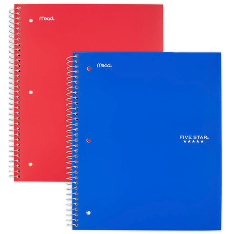 Five Star Spiral Notebooks, 2 Pack, 5-Subject, Wide Ruled Paper, 10-1/2" x 8", 200 Sheets, Cobalt Blue, Red (38410)