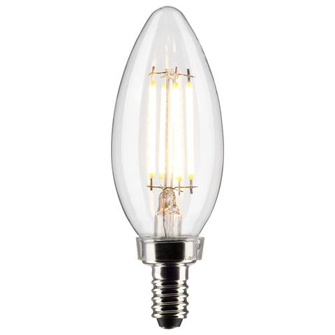 Satco 4 Watt B11 LED Filament Candle Light Bulbs - Clear - E12 Candelabra Base - 90 CRI - 3000K Soft White - 350 Lumens - 120 Volts - Dimmable - Wet Location (6 Bulbs)