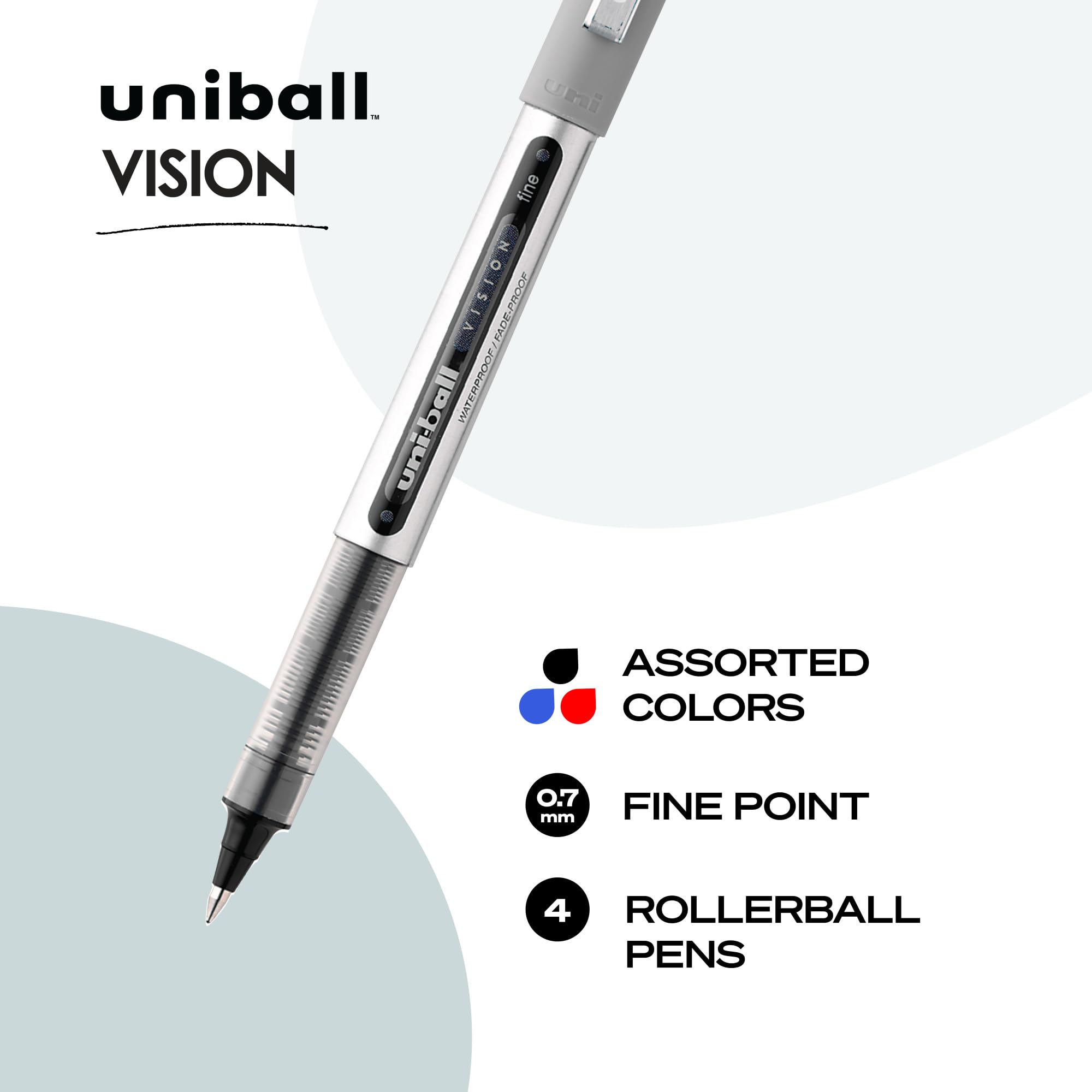 uniball™ Vision Rollerball Pens, Fine Point (0.7mm), Assorted Colors, 4 Pack