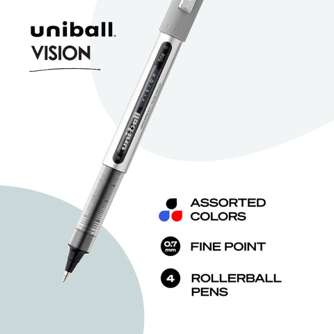 uniball™ Vision Rollerball Pens, Fine Point (0.7mm), Assorted Colors, 4 Pack