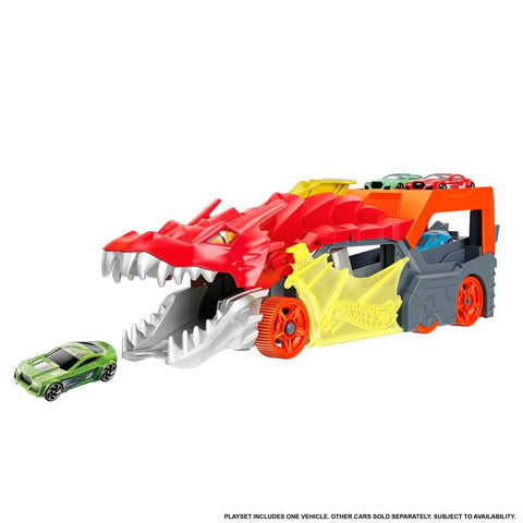 Hot Wheels City Toy Car Track Set, Dragon Launch Transporter & 1:64 Scale Car, Launch Vehicles from Creature's Mouth, Stores up to 5 Vehicles