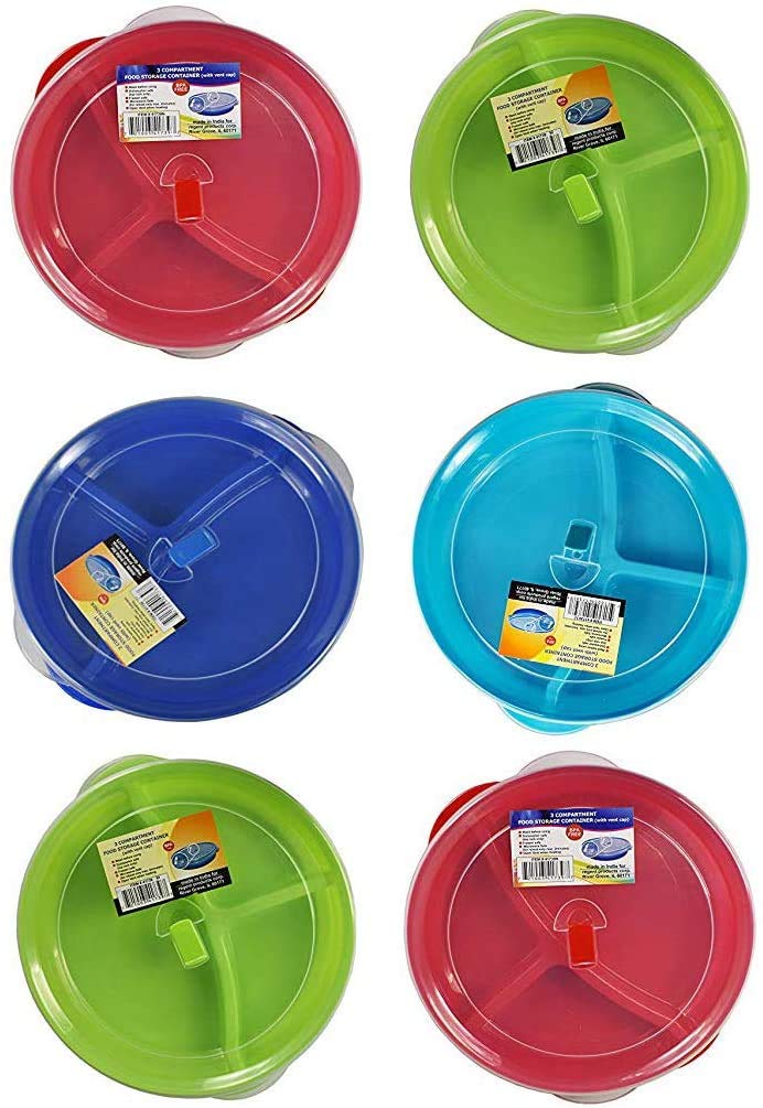 (Set of 6) Microwave Food Storage Tray Containers - 3 Section/Compartment Divided Plates w/Vented Lid