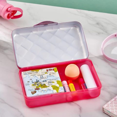 It's Academic Metallic Pencil Case Box, Hard Plastic, Stylish Quilted-Pattern Lid, Pink