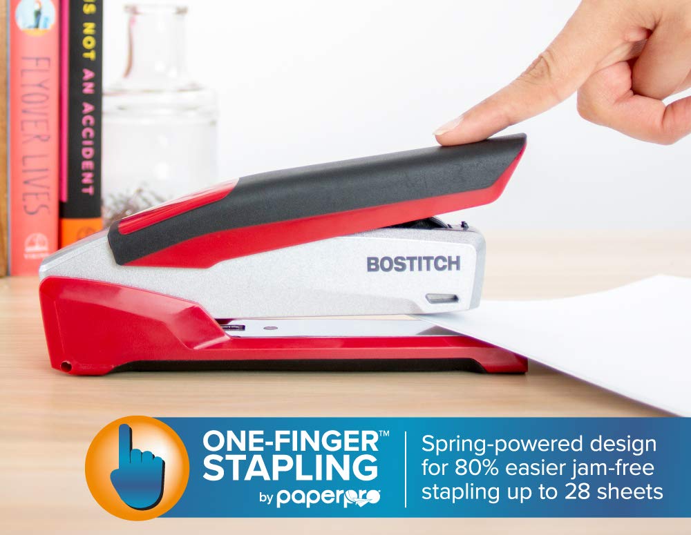 Bostitch Office InPower Spring-Powered Premium Desktop Stapler - One Finger, No Effort, Red/Silver (1117)