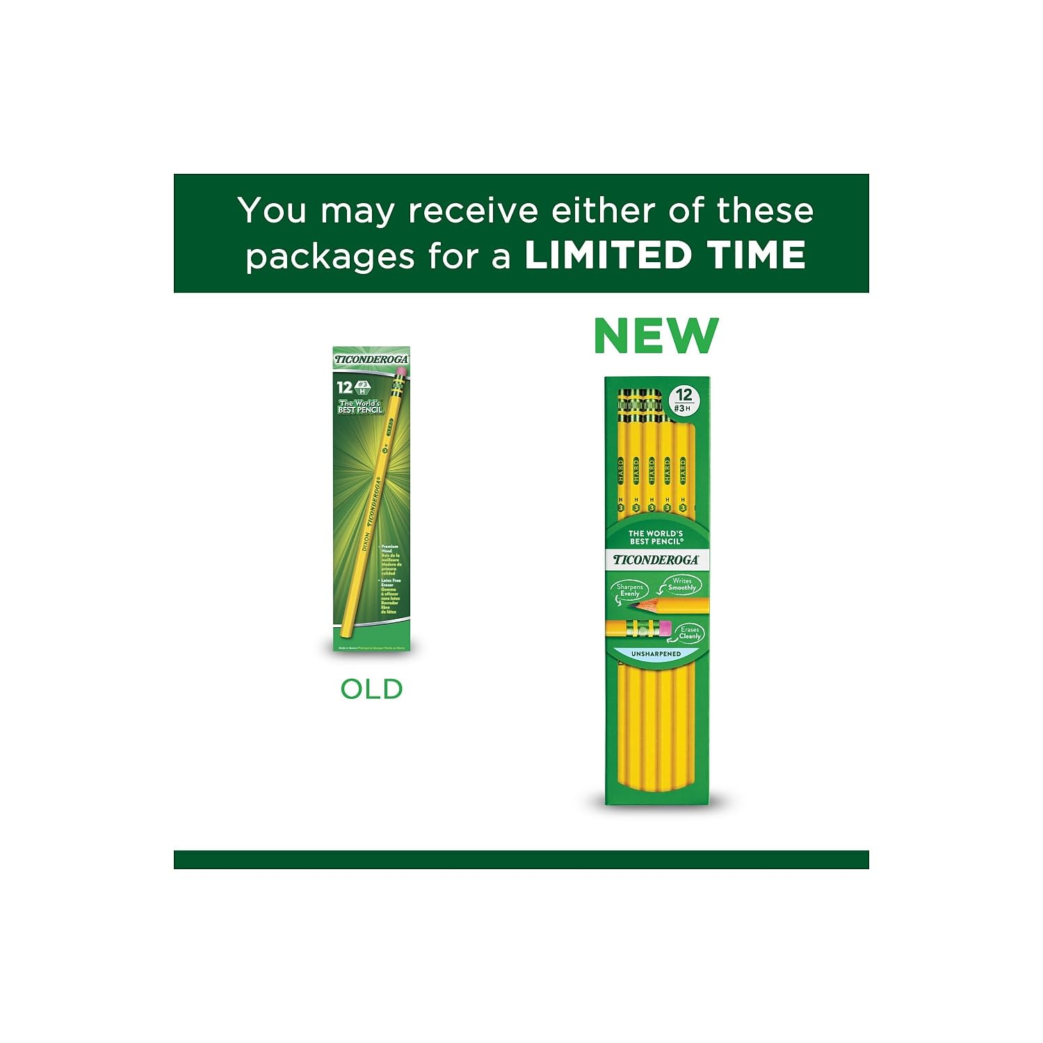 Ticonderoga Wood-Cased Pencils, Unsharpened, #3 H Hard, Yellow, 12 Count