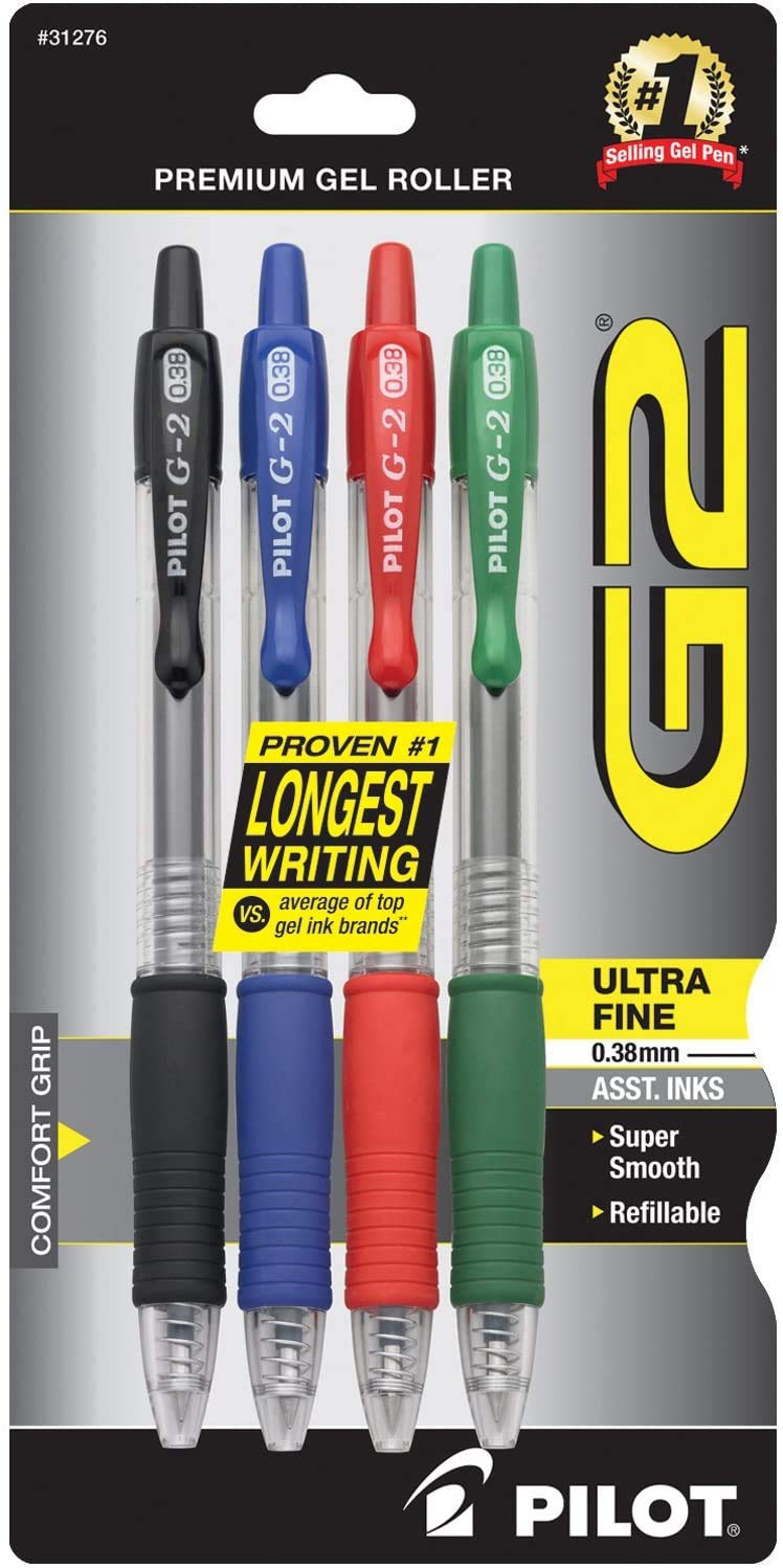 Pilot® G-2™ Retractable Gel Pens, Ultra Fine Point, 0.38 mm, Black, Assorted Barrels, Assorted Ink Colors, Pack Of 4