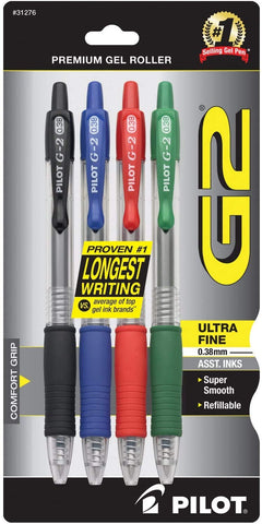 Pilot® G-2™ Retractable Gel Pens, Ultra Fine Point, 0.38 mm, Black, Assorted Barrels, Assorted Ink Colors, Pack Of 4