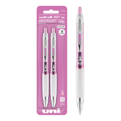 uniball 207 Pink Ribbon Retractable Gel Pens, Medium Point (0.7mm), Black, 2 Pack