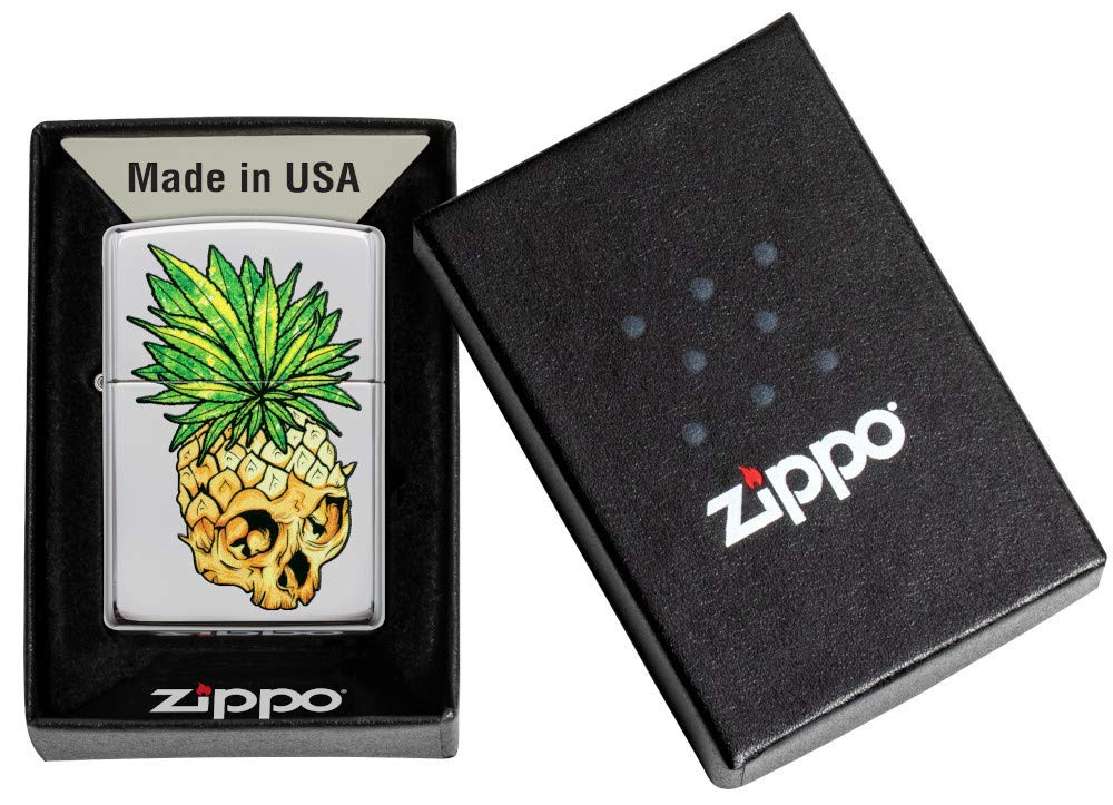 Zippo Leaf Skull Pineapple Design High Polish Chrome Pocket Lighter