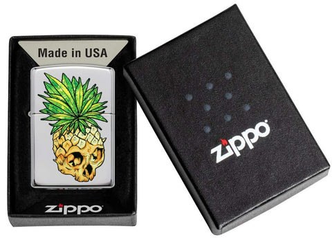 Zippo Leaf Skull Pineapple Design High Polish Chrome Pocket Lighter
