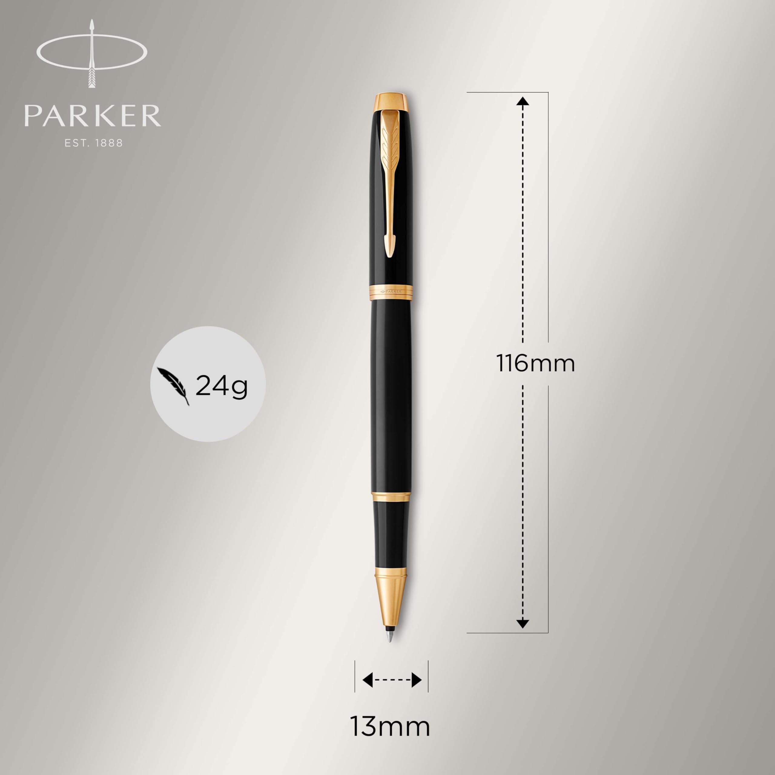 PARKER IM Rollerball Pen, Black Lacquer Gold Trim with Fine Point Black Ink Refill, Gift Box (1931659), Black and Gold