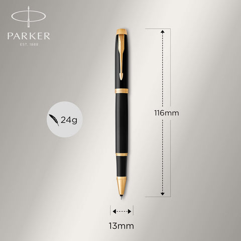 PARKER IM Rollerball Pen, Black Lacquer Gold Trim with Fine Point Black Ink Refill, Gift Box (1931659), Black and Gold
