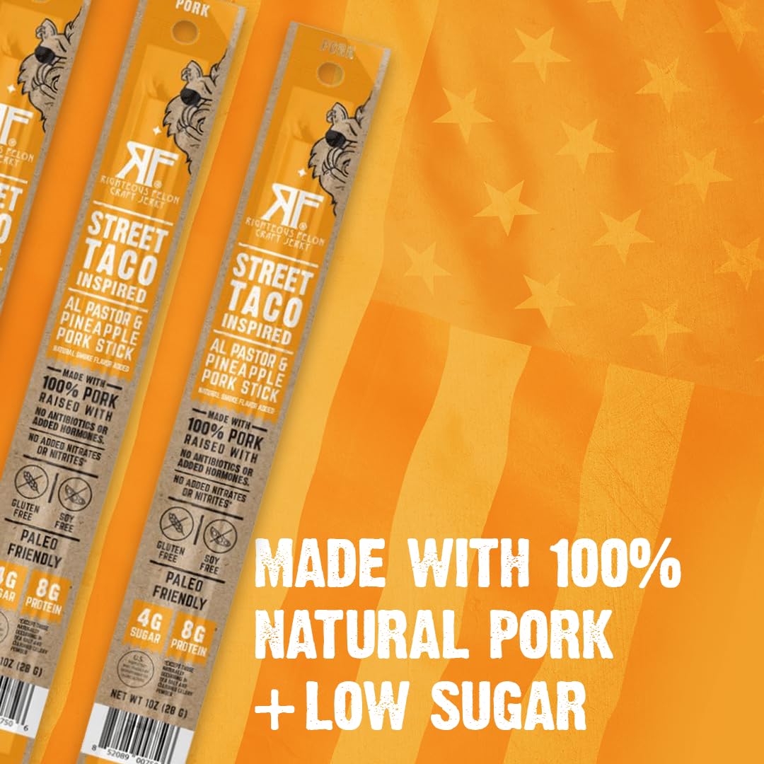 Righteous Felon Meat Sticks | 100% Pasture Raised Pork | 8g Protein per Stick | Keto, Gluten-Free, Low Sugar, High Protein Snack Sticks | Individually Wrapped | Street Taco Pork Sticks, 24 Count